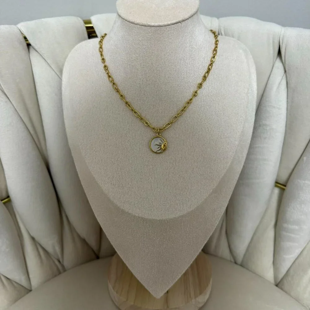 Sku 0437 vintage gold chain necklace With moon stone pendant sun stainless steel - Picture 2 of 7